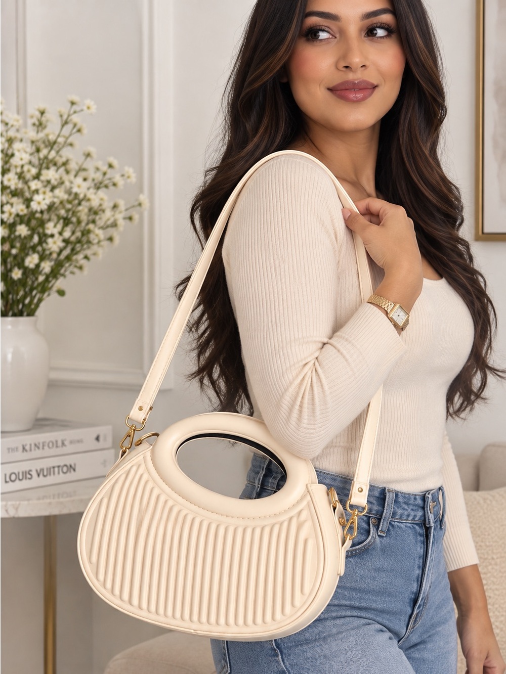 SHEIN Cream Ribbed Crossbody Handbag with Gold Hardware